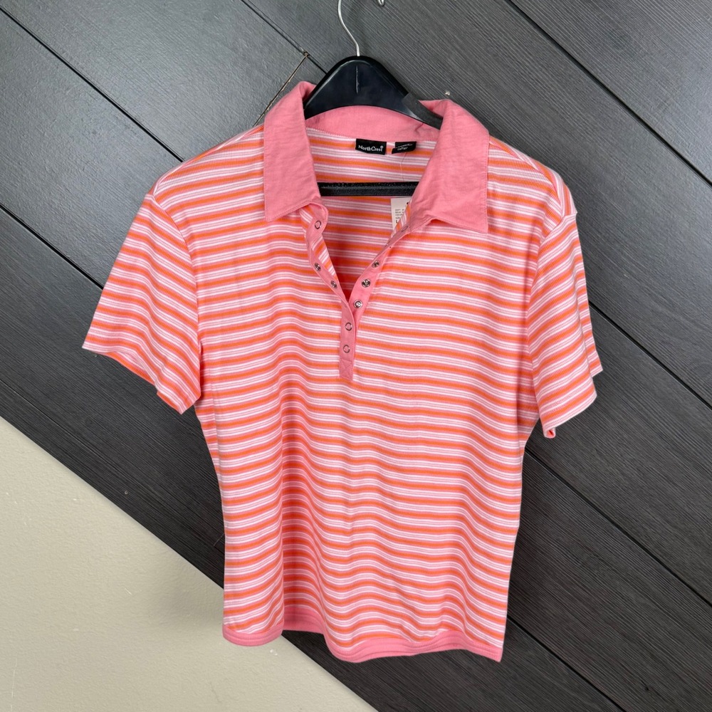 NorthCrest Women's Large Conch Stripe Ribbed Snap Polo Shirt Pink Orange Y2K